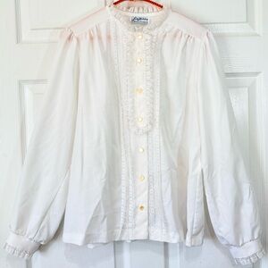 VTG 80s White Lace Ruffle Blouse Lady Holiday Pearl Button Secretary Top Large
